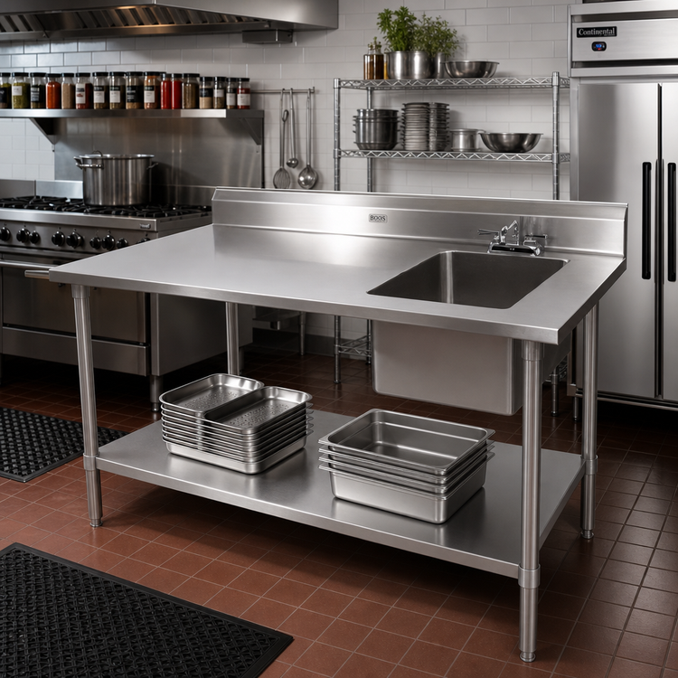 Product image #2 for John Boos 72-Inch Stainless Steel Prep Table With Sink, Right-Hand Sink Bowl and 5-Inch Backsplash