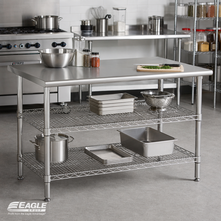 Product image #2 for Eagle AdjusTable Basic Unit 60 Inch x 30 Inch 14 Gauge 304 Stainless Steel Work Surface Table with 2 Adjustable Wire Undershelves