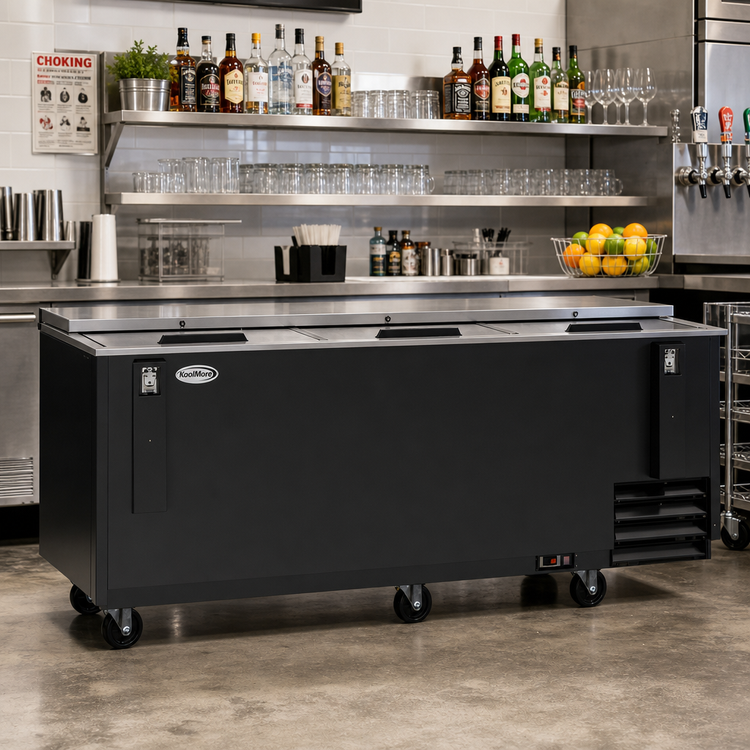 Product image #2 for KoolMore 95-Inch Black Commercial Bottle Cooler with 3 Sliding Doors and Built-In Opener, 30 Cu. Ft.