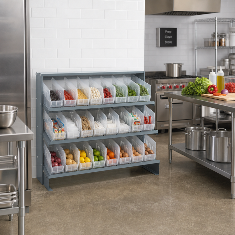 Product image #2 for Quantum Sloped Bench-Style Pick Rack with 3 Shelves, 24 Clear Bins, 250 lb Capacity