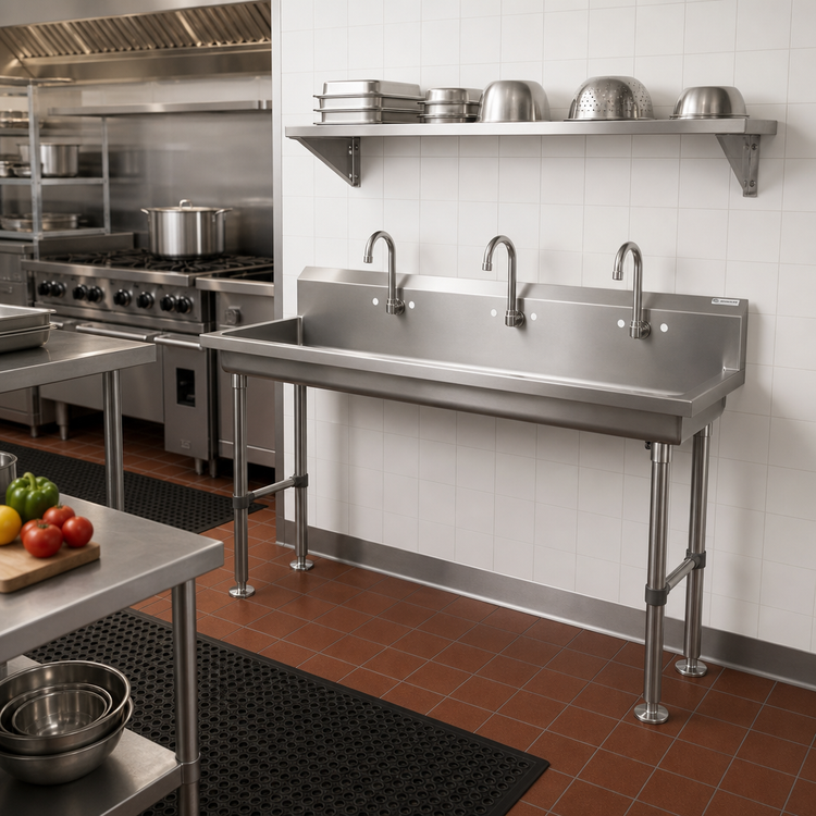 Product image #2 for John Boos 3-Station Freestanding Hand Wash Sink, 60 x 19-5/8 Inches, 4-Inch O.C. Faucet Holes