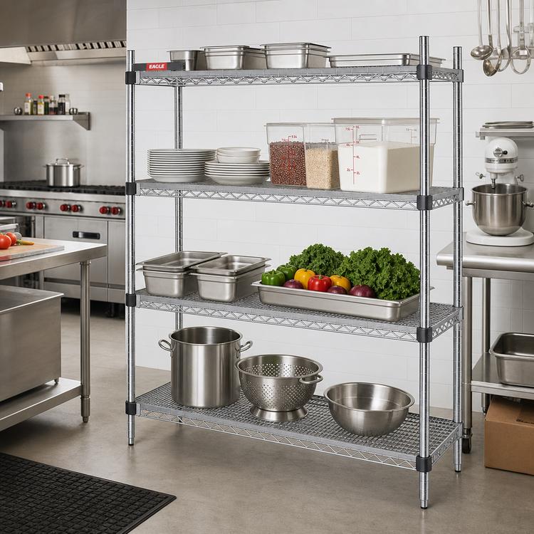Product image #2 for Eagle Quad-Adjust Stationary 4-Tier Chrome Wire Shelving Starter Unit, 72W x 24D x 74H