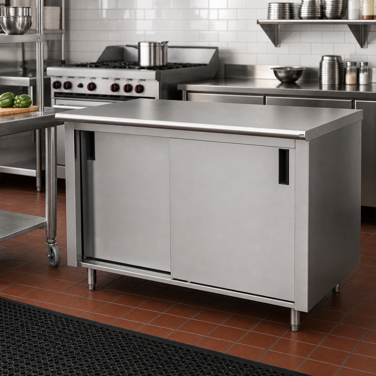 Product image #2 for Advance Tabco Special Value Series Cabinet Base Enclosed Work Table with Sliding Doors, 108"W x 30"D, 16-Gauge 304 Stainless Steel Top