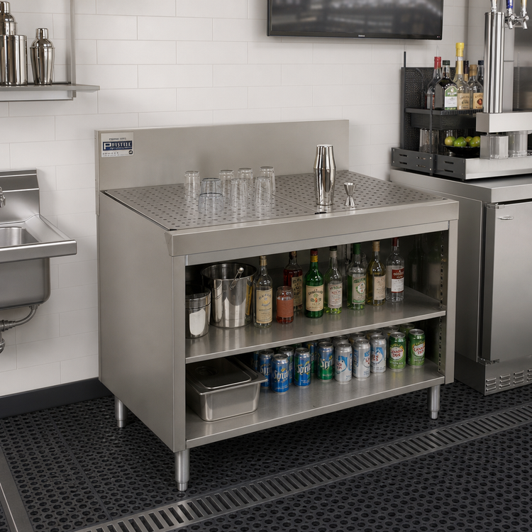 Product image #2 for Advance Tabco Prestige Supreme Underbar Drainboard Cabinet, Open Front, 48 Inch x 25 Inch x 36 Inch, Stainless Steel