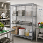 Thumbnail image #2 for Serv-Ware SC36SL-CWP Chrome Wire Security Cage Shelving Unit with Lockable Double Doors, 3 Shelves, 36"W x 25.6"D x 69.4"H