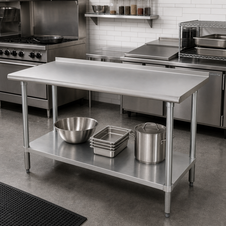 Product image #2 for Advance Tabco 60" x 30" 304 Stainless Steel Work Table with 1-1/2" Rear Up-Turn and Adjustable Undershelf