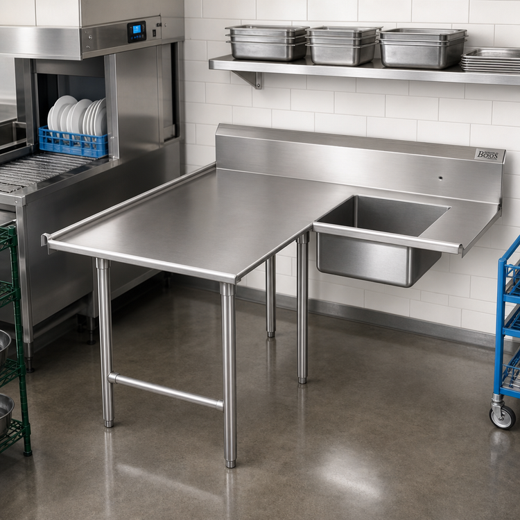 Product image #2 for John Boos Pro-Bowl L-Shaped Soiled Landing Dishtable with 10-Inch Landing Shelf, 20 x 20 x 8-Inch Bowl, 70-Inch Machine-to-Corner, 108-Inch Corner-to-End