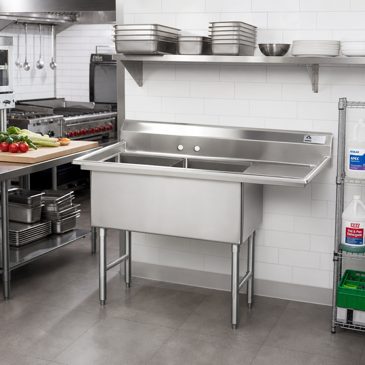 Product image #2 for Advance Tabco Fabricated 2-Compartment Sink with 24-Inch Right Drainboard, 14-Gauge 304 Stainless Steel