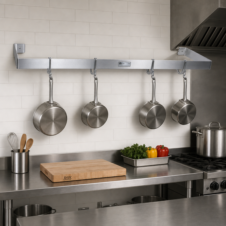 Product image #2 for John Boos 36-Inch Wall-Mount Single-Bar Stainless Steel Pot Rack with 3 Double Hooks