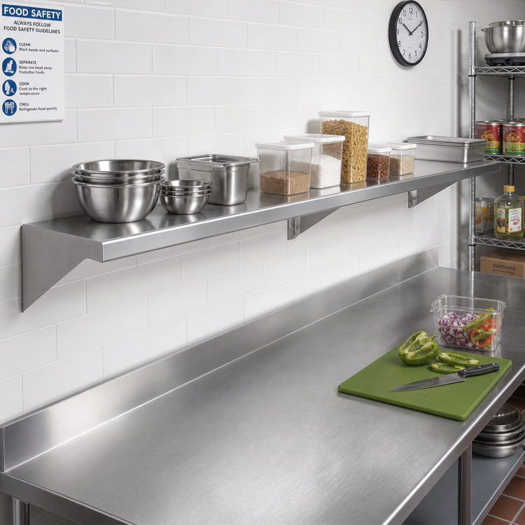 Product image #2 for Sapphire Manufacturing 108" x 14" Wall-Mounted 18-Gauge 400 Series Stainless Steel Shelf