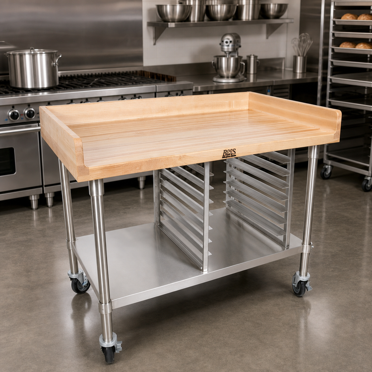 Product image #2 for John Boos BAK04 48 Inch x 36 Inch Wood Top Bakery Prep Table with Stainless Steel Base, Undershelf, Bun Pan Rack, and Locking Casters