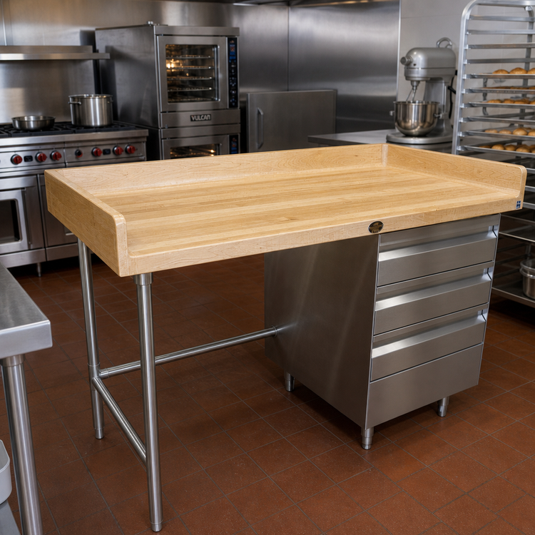 Product image #2 for Advance Tabco 72 x 36 Inch Bakers' Table with 1-3/4 Inch Wood Top, 4 Inch Splash, and 3-Tier Right Drawer Base