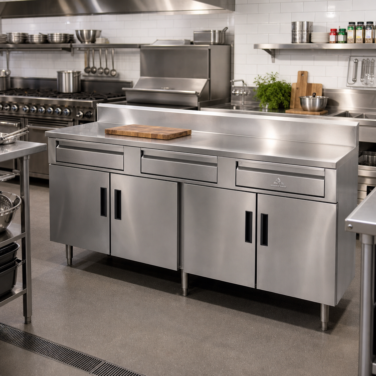 Product image #2 for Advance Tabco HDRC-3010 Stainless Steel Enclosed Work Table Storage Cabinet with 4 Drawers, 4-Door Base, 120W x 30D, 14-Gauge 304 Top, 5-Inch Backsplash