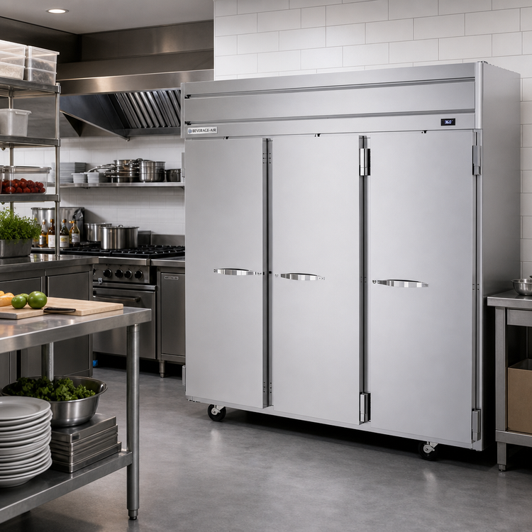 Product image #2 for Beverage Air Horizon Series Three-Section Solid Door Reach-In Refrigerator, Top-Mount Self-Contained