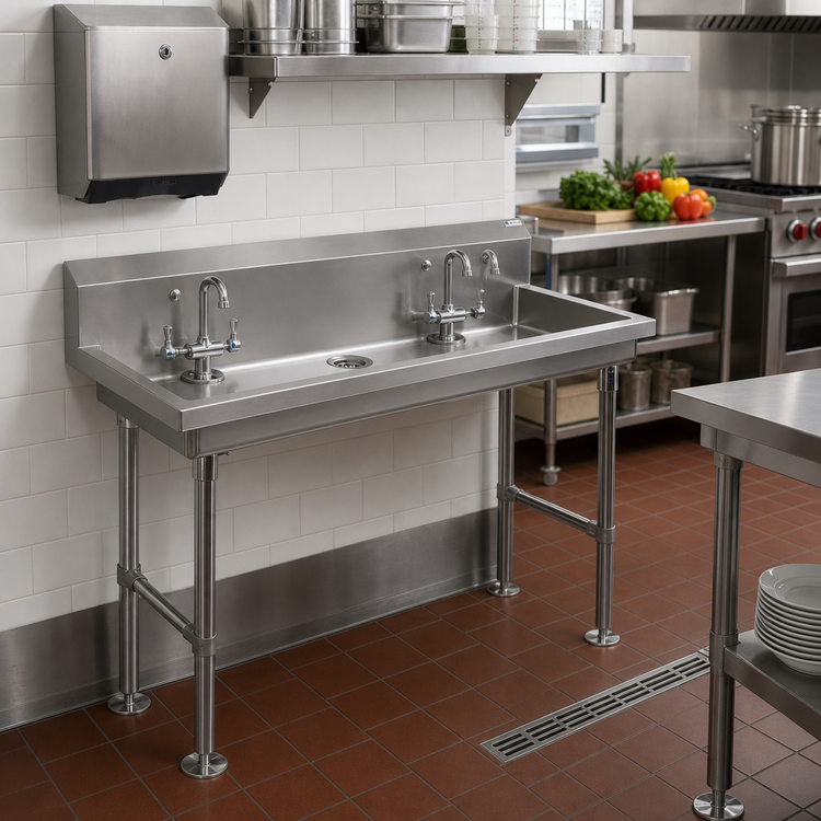 Product image #2 for John Boos Freestanding Multi-Station Hand Wash Sink, 40 x 19-5/8 Inch, 2 Sets of 4-Inch Faucet Holes