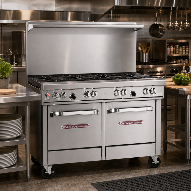 Product image #2 for Southbend Ultimate 48-Inch Gas Restaurant Range with 7-Burner Mixed Top, Standard Oven and Cabinet Base