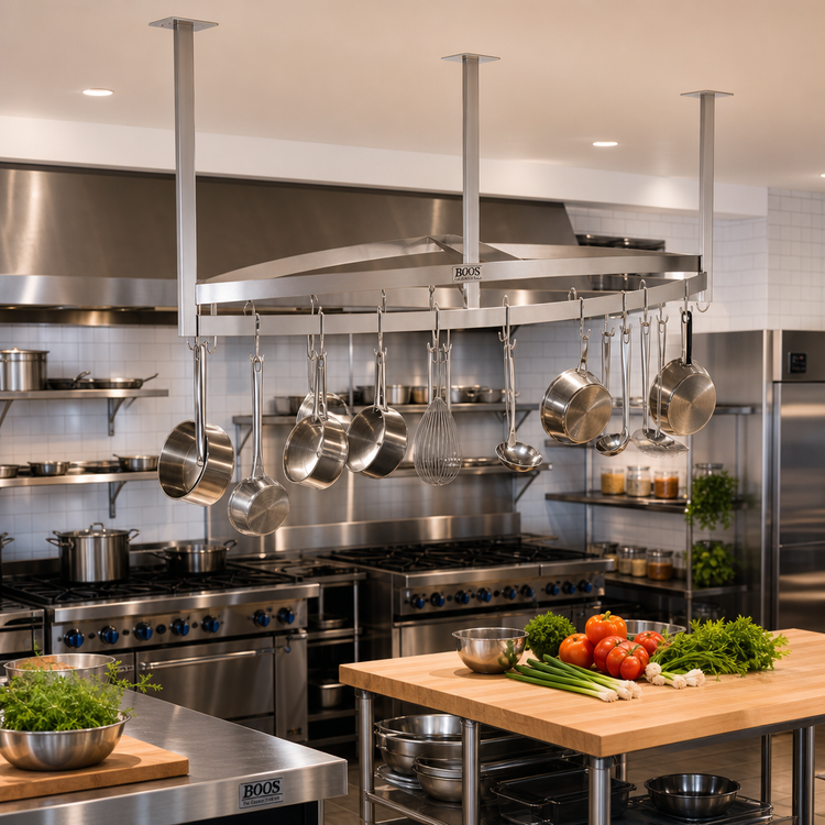 Product image #2 for John Boos 79-1/4-Inch Boat-Shaped Ceiling-Mounted Stainless Steel Pot Rack with 21 Double Hooks