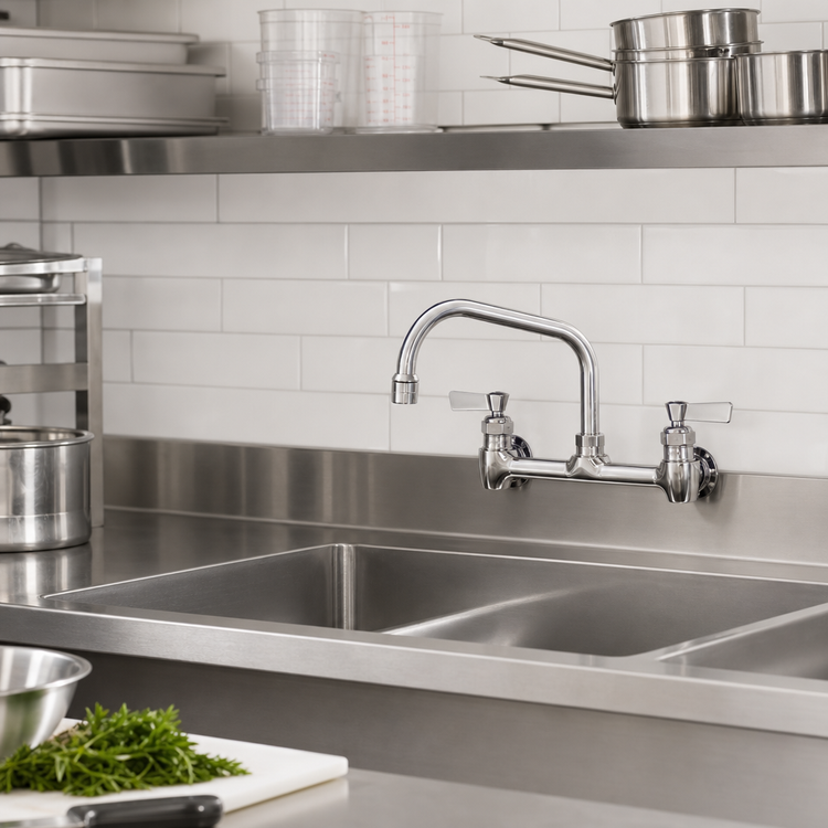 Product image #2 for Stainless Steel Backsplash-Mount Commercial Faucet with 14-Inch Swing Spout and Lever Handles