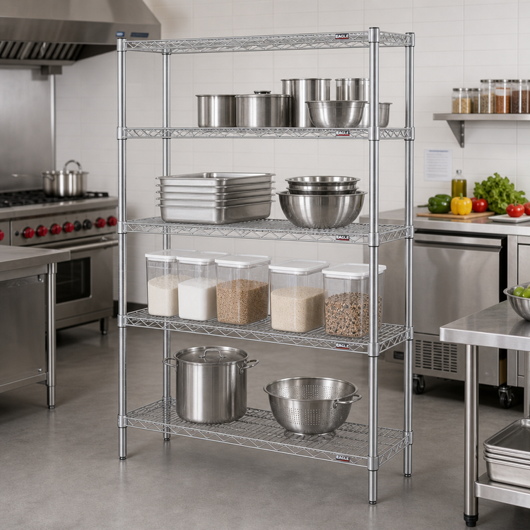 Product image #2 for Eagle Group 4-Tier Starter Wire Shelving Unit, 48"W x 18"D x 74"H, Stainless Steel Finish