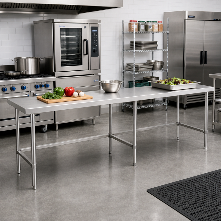 Product image #2 for Sapphire 120" x 18" 18/430 Stainless Steel Flat Top Open Base Work Table with Beveled Square Edge