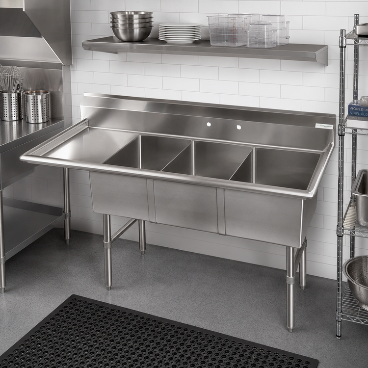 Product image #2 for 3-Compartment Stainless Steel Commercial Sink with Left-Hand Drainboard, 62-1/2 Inch
