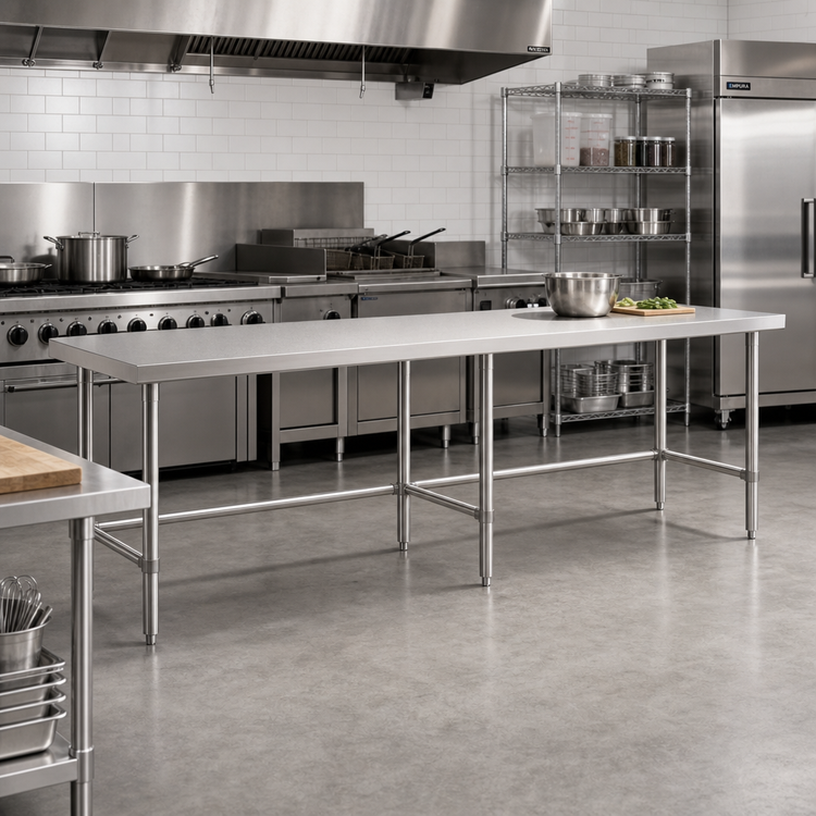Product image #2 for Sapphire 120-Inch x 36-Inch 18/430 Stainless Steel Flat Top Work Table with Open Base, Beveled Square Edge, and 6 Legs