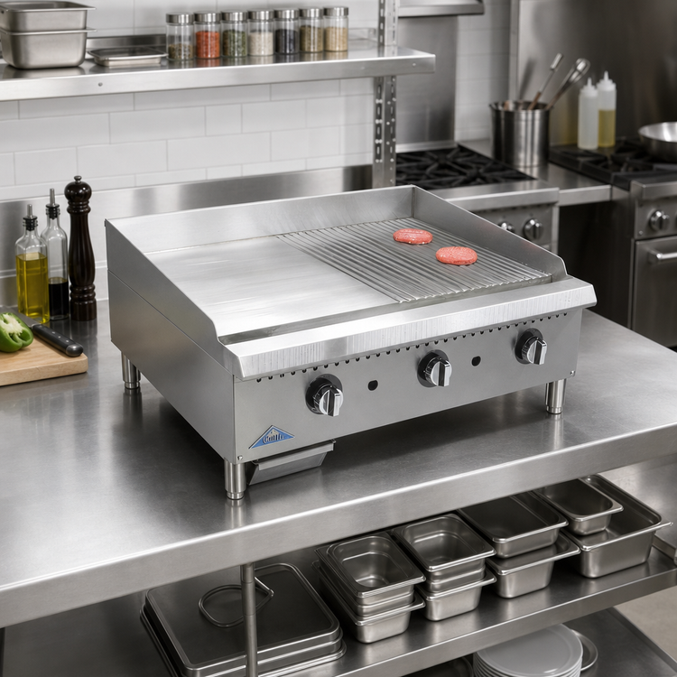 Product image #2 for Comstock-Castle 36-Inch Countertop Gas Griddle with Half Smooth / Half Grooved 1-Inch Steel Plate, 90,000 BTU