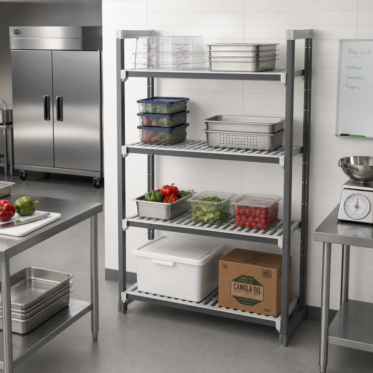 Product image #2 for Cambro Camshelving Elements XTRA 4-Tier Stationary Add-On Polymer Shelving Unit, 24" D x 30" W x 72" H, 3 Vented + 1 Solid