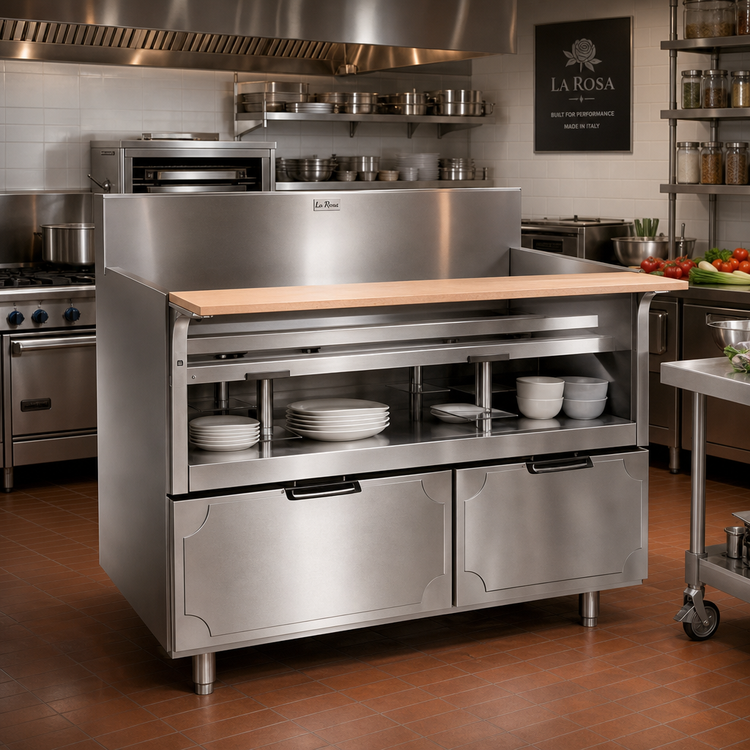 Product image #2 for La Rosa 102-Inch x 30.5-Inch Dry-Drawer Equipment Stand with 5 Stainless Steel Drawers and Richlite Cutting Board