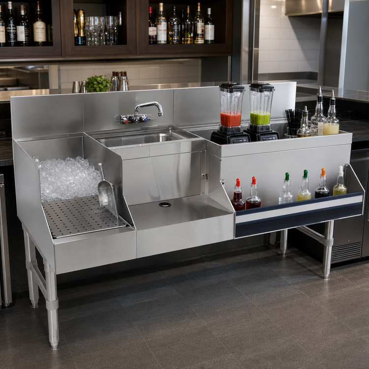 Product image #2 for Advance Tabco Prestige Uni-Serv 60-Inch Stainless Steel Speed Bar with Left Ice Bin, Dump Sink, and Blender Station