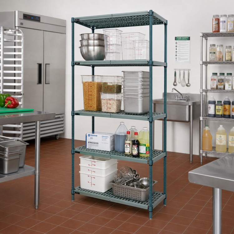 Product image #2 for Quantum WR63-2424WPM 4-Tier Stationary Wire Plastic Mat Shelving Unit, 24 x 24 x 63 Inches, Green Epoxy