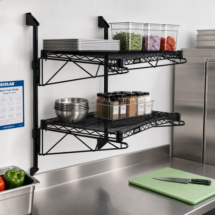 Product image #2 for Quantum 2-Shelf Cantilever Wall-Mount Wire Shelving Unit, 54 x 14 Inches, Black Epoxy Antimicrobial Finish