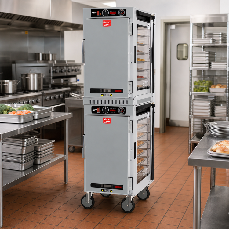 Product image #3 for Metro HotBlox™ Narrow Mobile Dual-Cavity Pass-Thru Insulated Holding Cabinet, 16-Pan, Analog, Solid Front / Clear Rear Doors