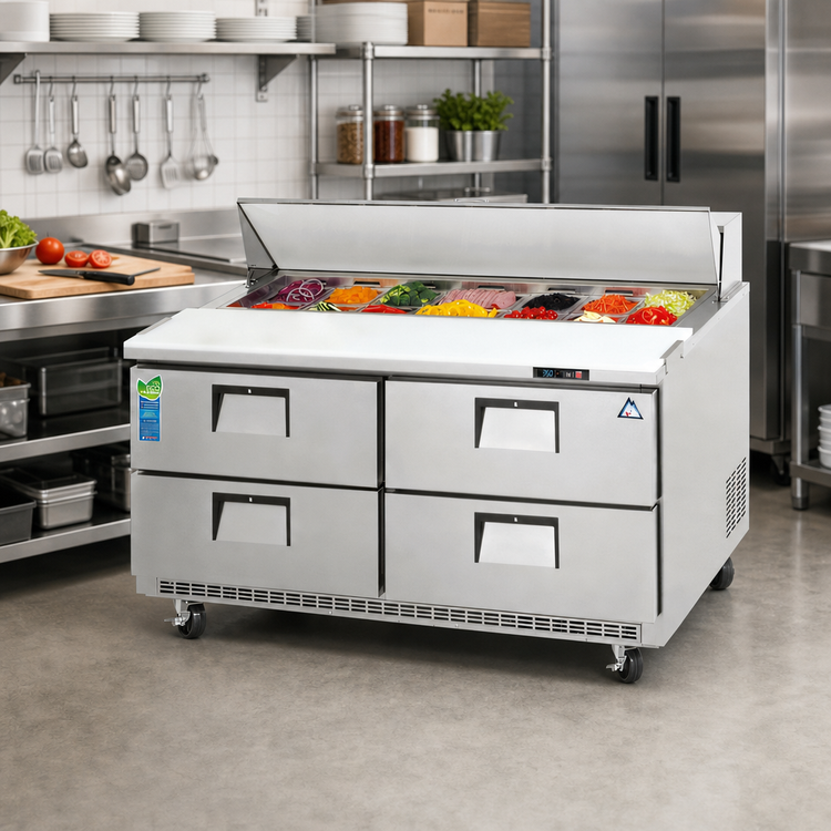 Product image #2 for Everest 47-1/2 Inch Two-Section Drawered Sandwich Prep Table with 4 Drawers, 13 Cu. Ft., Rear-Mounted Self-Contained Refrigeration