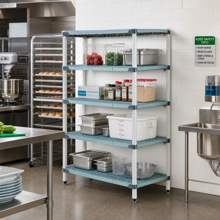 Product image #2 for MetroMax i All-Polymer Starter Shelving Unit, 72-Inch Wide x 18-Inch Deep x 63-Inch High, Blue, 4 Open Grid Shelves