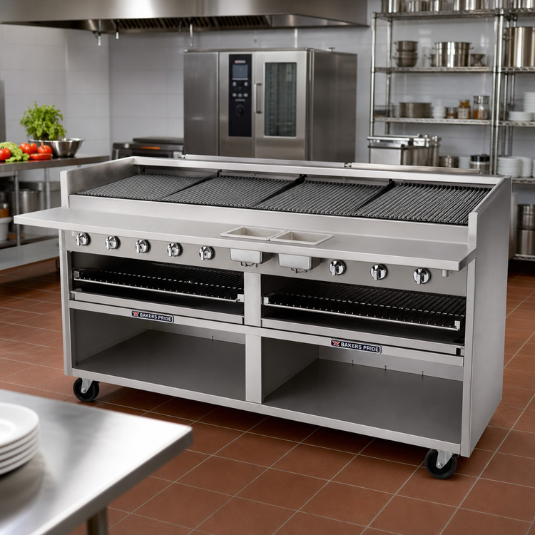 Product image #2 for Bakers Pride Dante Series F-72RS 72-Inch Floor Model Gas Radiant Charbroiler with Open Cabinet Base