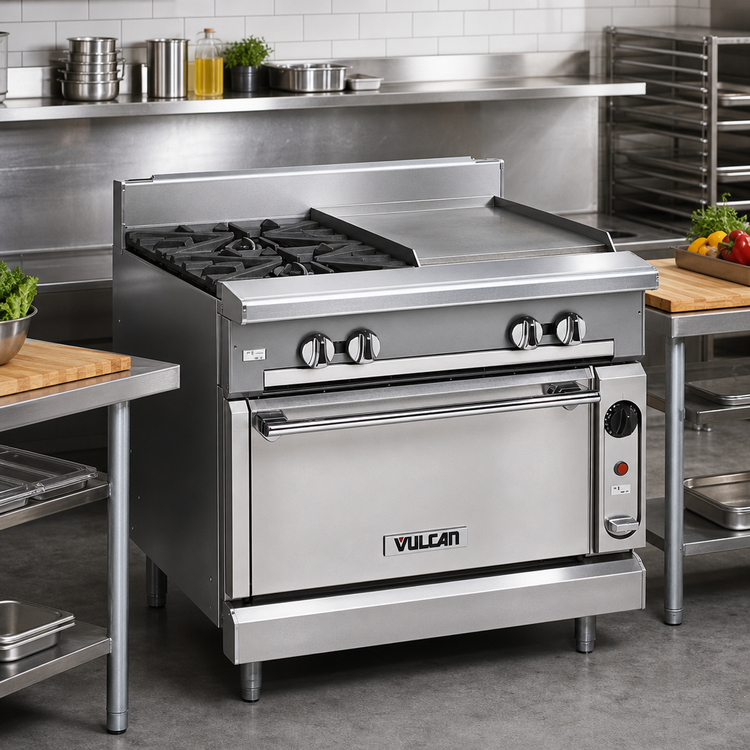 Product image #2 for Vulcan V Series 36-Inch Heavy Duty Gas Range with 2 Open Burners, 24-Inch Manual Griddle and Convection Oven Base