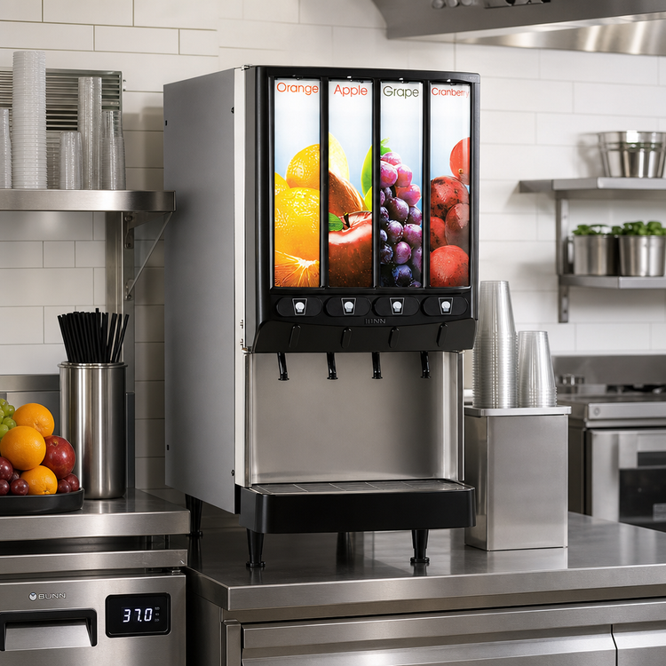 Product image #2 for BUNN Silver Series 4-Flavor Cold Beverage System with Lighted Graphic Door, Push Button Dispense