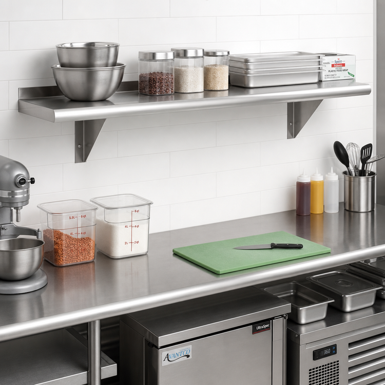 Product image #2 for Advance Tabco 84 Inch W x 18 Inch D Wall-Mounted Stainless Steel Shelf, 18 Gauge 430 Satin Finish