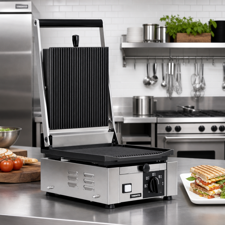 Product image #2 for Trento Single Countertop Electric Panini Press with 10 x 9 Inch Ribbed Cast Iron Plates