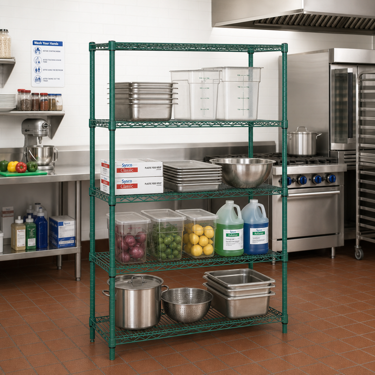 Product image #2 for Quantum Stationary Wire Shelving Starter Kit, 48"W x 30"D x 54"H, Green Epoxy Antimicrobial Finish