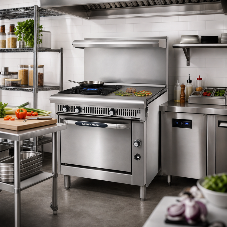 Product image #2 for Imperial Spec Series Heavy Duty 36-Inch Gas Range with 2 Open Burners, 18-Inch Hot Top and Convection Oven