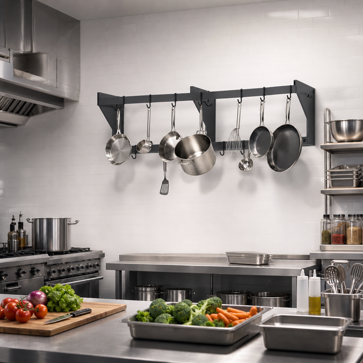Product image #2 for 84-Inch Wall-Mounted Aluminum Double-Bar Pot Rack with 14 Hooks