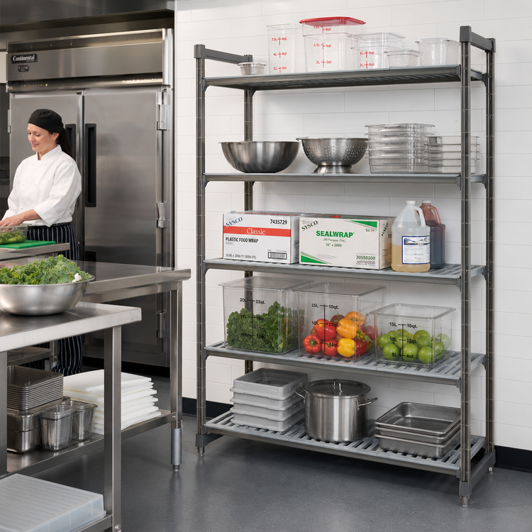 Product image #2 for Cambro Camshelving Basics Plus Polymer Stationary Starter Shelving Unit, 21 x 48 x 84 Inches, 5-Tier, Vented and Solid, Brushed Graphite
