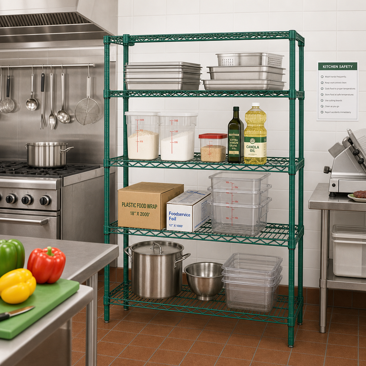 Product image #2 for Quantum Stationary Wire Shelving Starter Kit, 48" W x 21" D x 54" H, 4 Shelves, 600-800 lb. Capacity, Green Epoxy Finish