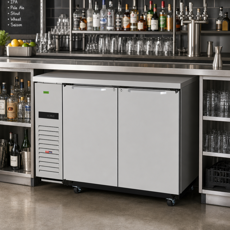 Product image #2 for Turbo Air Super Deluxe Narrow Two-Section Solid Door Back Bar Cooler, 12.2 Cu. Ft., Self-Contained Side-Mount, Stainless Steel