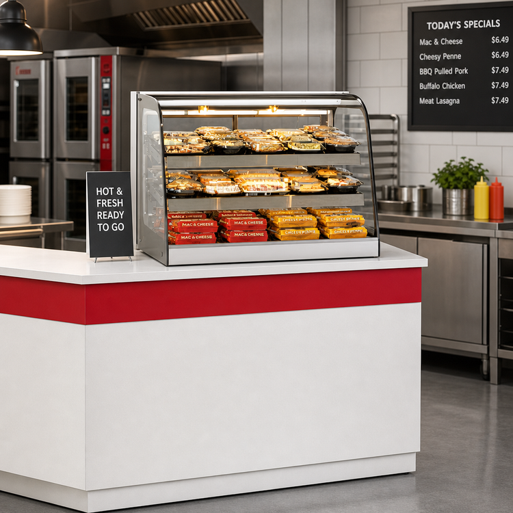 Product image #2 for Federal Industries CH3628 Countertop Hot Food Merchandiser, Curved Glass, 35-Inch Wide, 2 Heated Shelves