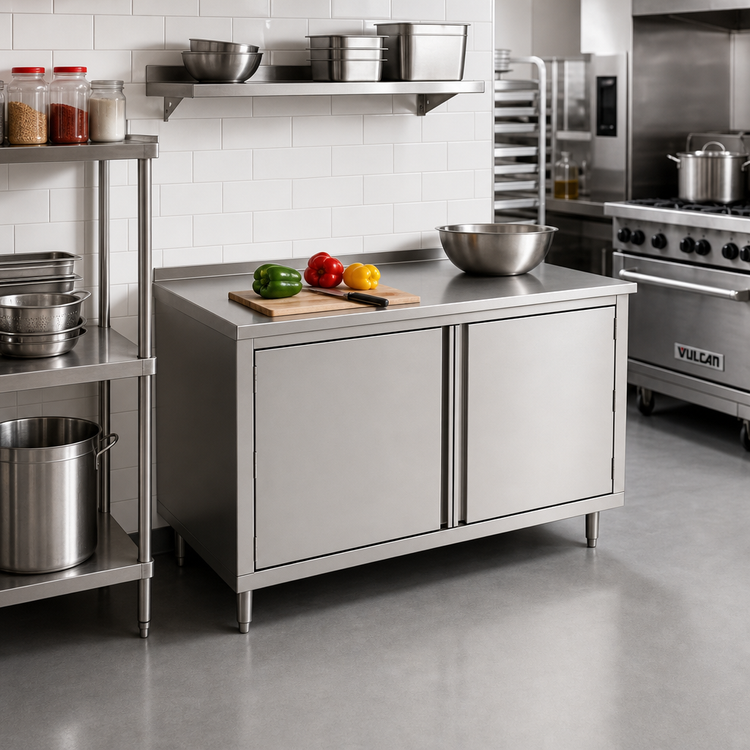 Product image #2 for John Boos Enclosed Cabinet Base Work Table with Hinged Doors, 48 Inch W x 24 Inch D, 14-Gauge 300-Series Stainless Steel Top