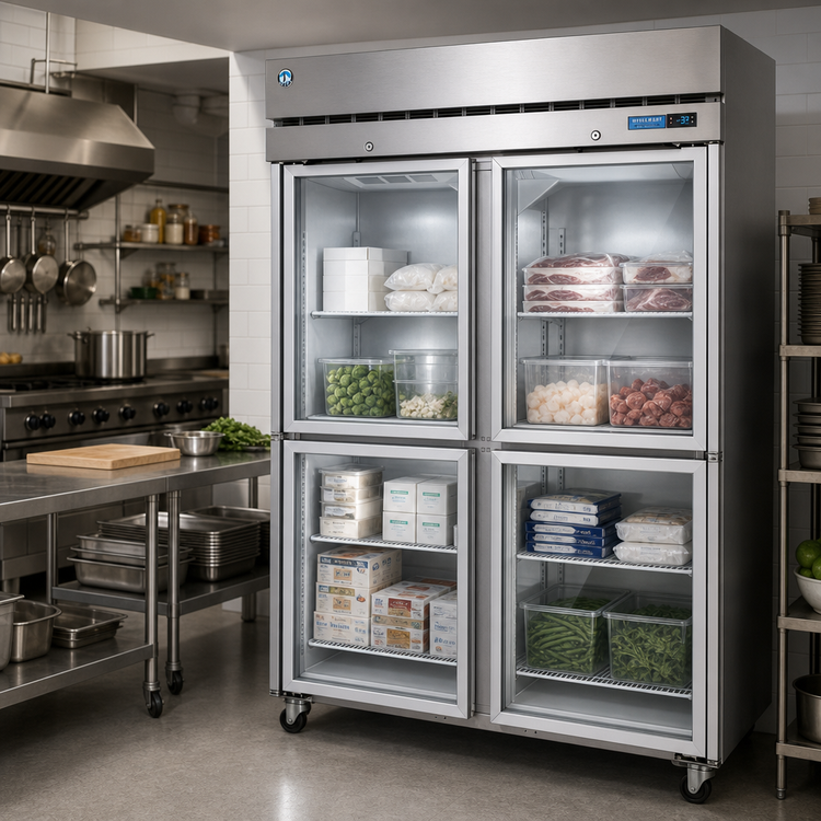 Product image #2 for Steelheart Two-Section Reach-In Freezer with 4 Half-Hinged Glass Doors, 50.37 Cu. Ft., Top-Mounted Self-Contained Refrigeration