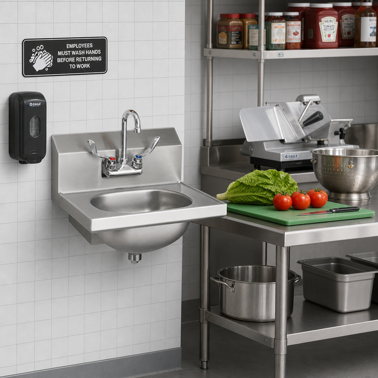 Product image #2 for Eagle Group Wall-Mount Hand Sink with Wrist-Handle Gooseneck Faucet, 304 Stainless Steel, 13-1/2 x 9-3/4 x 6-3/4 Inch Bowl